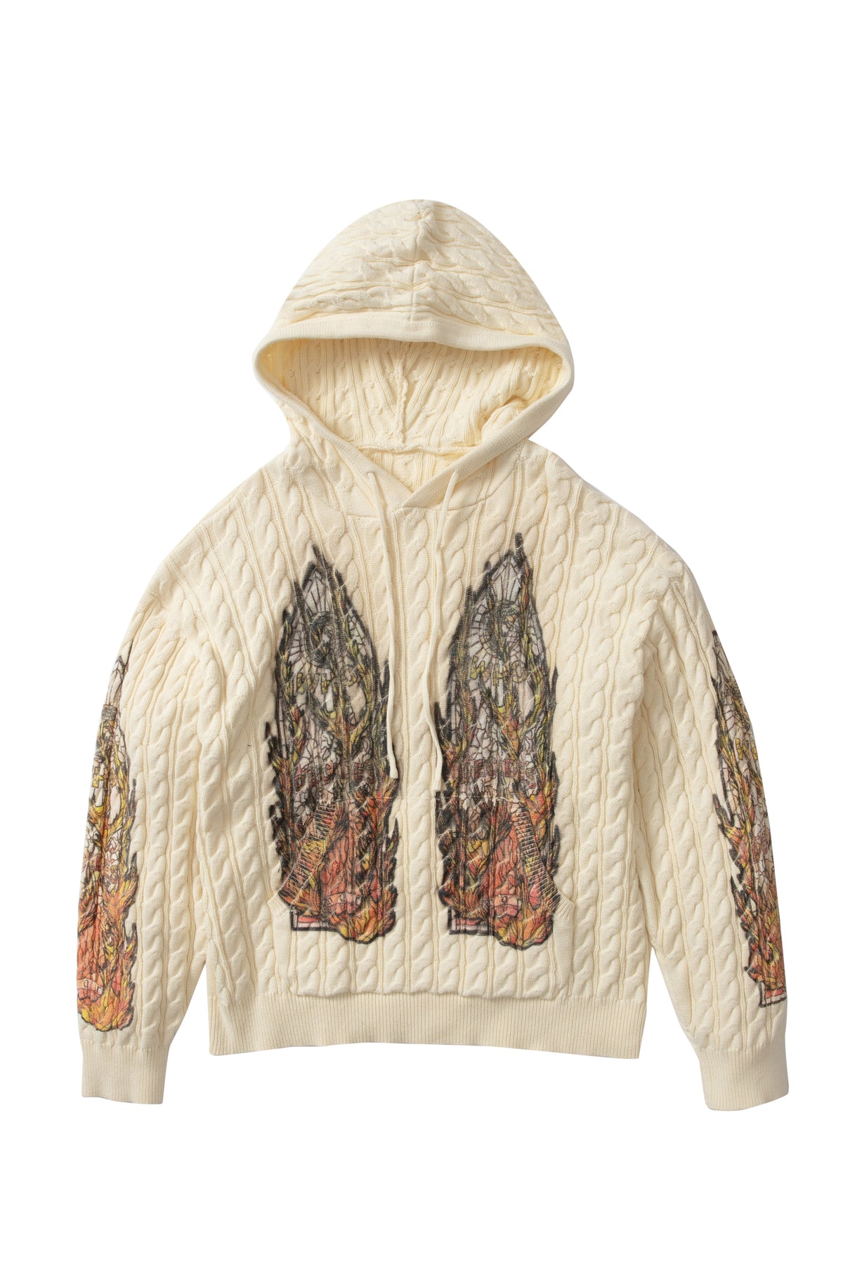 FLAME GLASS CABLE KNIT HOODED PULLOVER – WHO DECIDES WAR