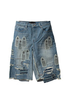PATCHED ARCH BLOWOUT DENIM SHORT