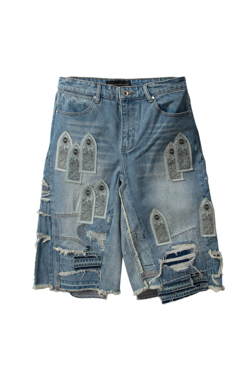 PATCHED ARCH BLOWOUT DENIM SHORT