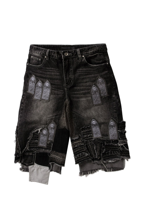 PATCHED ARCH BLOWOUT DENIM SHORT