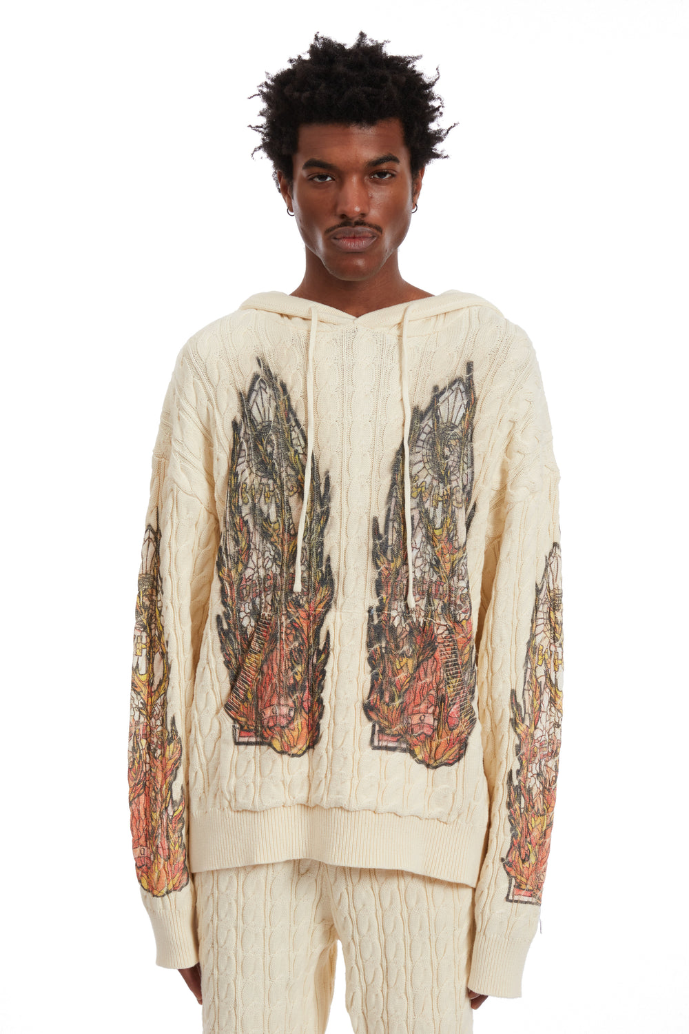 FLAME GLASS CABLE KNIT HOODED PULLOVER