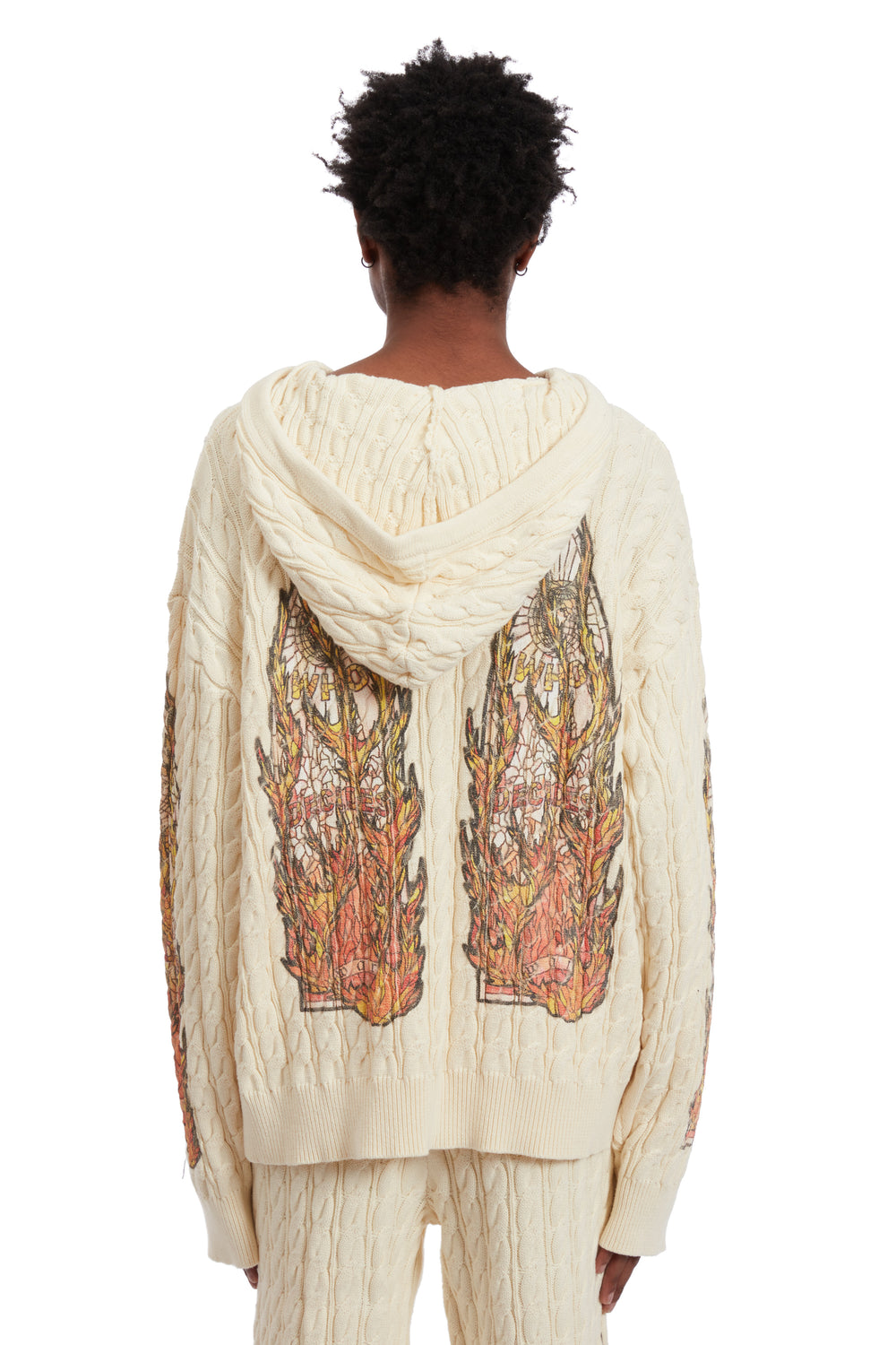 FLAME GLASS CABLE KNIT HOODED PULLOVER