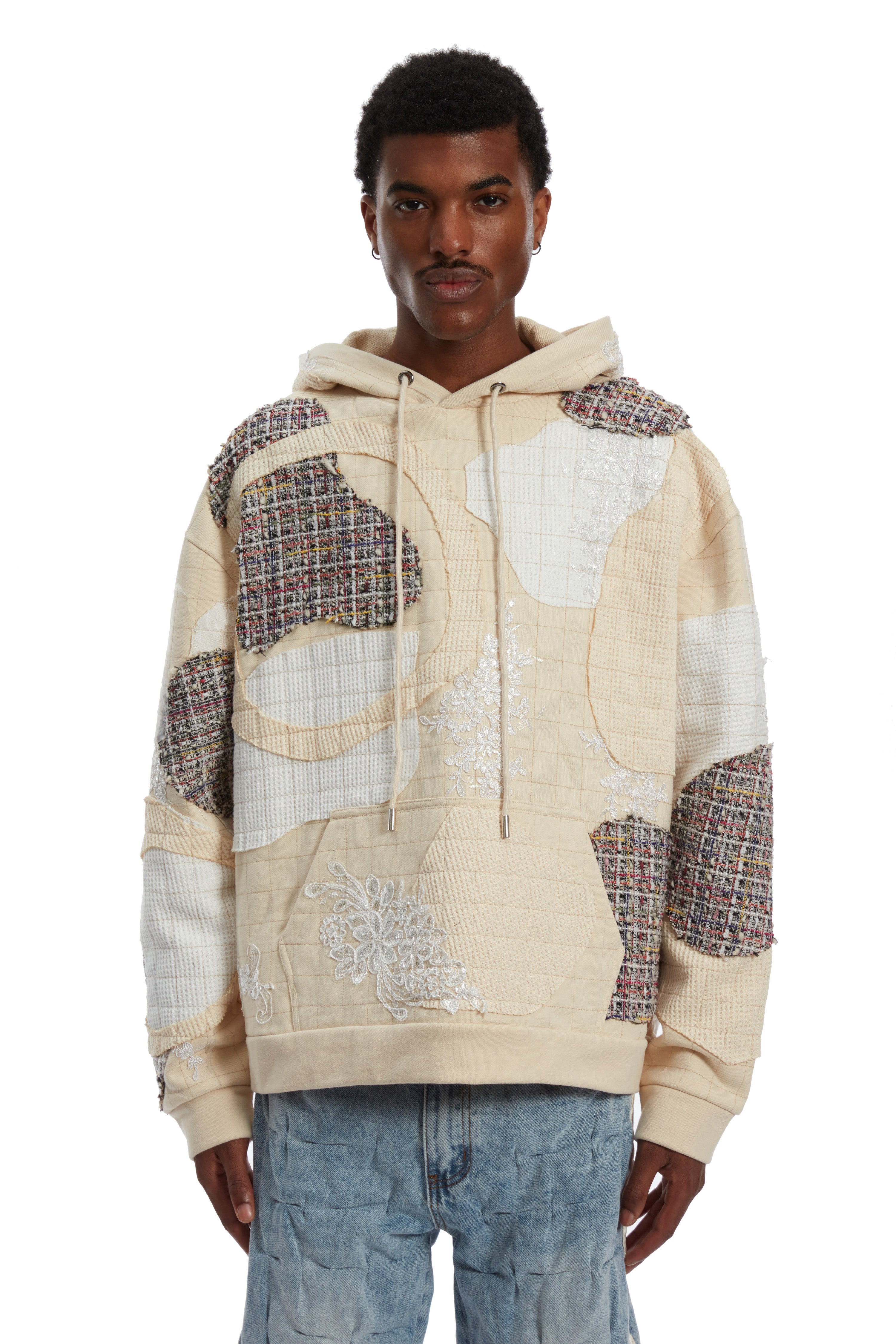 TWEED PATCHWORK HOODED SWEATSHIRT