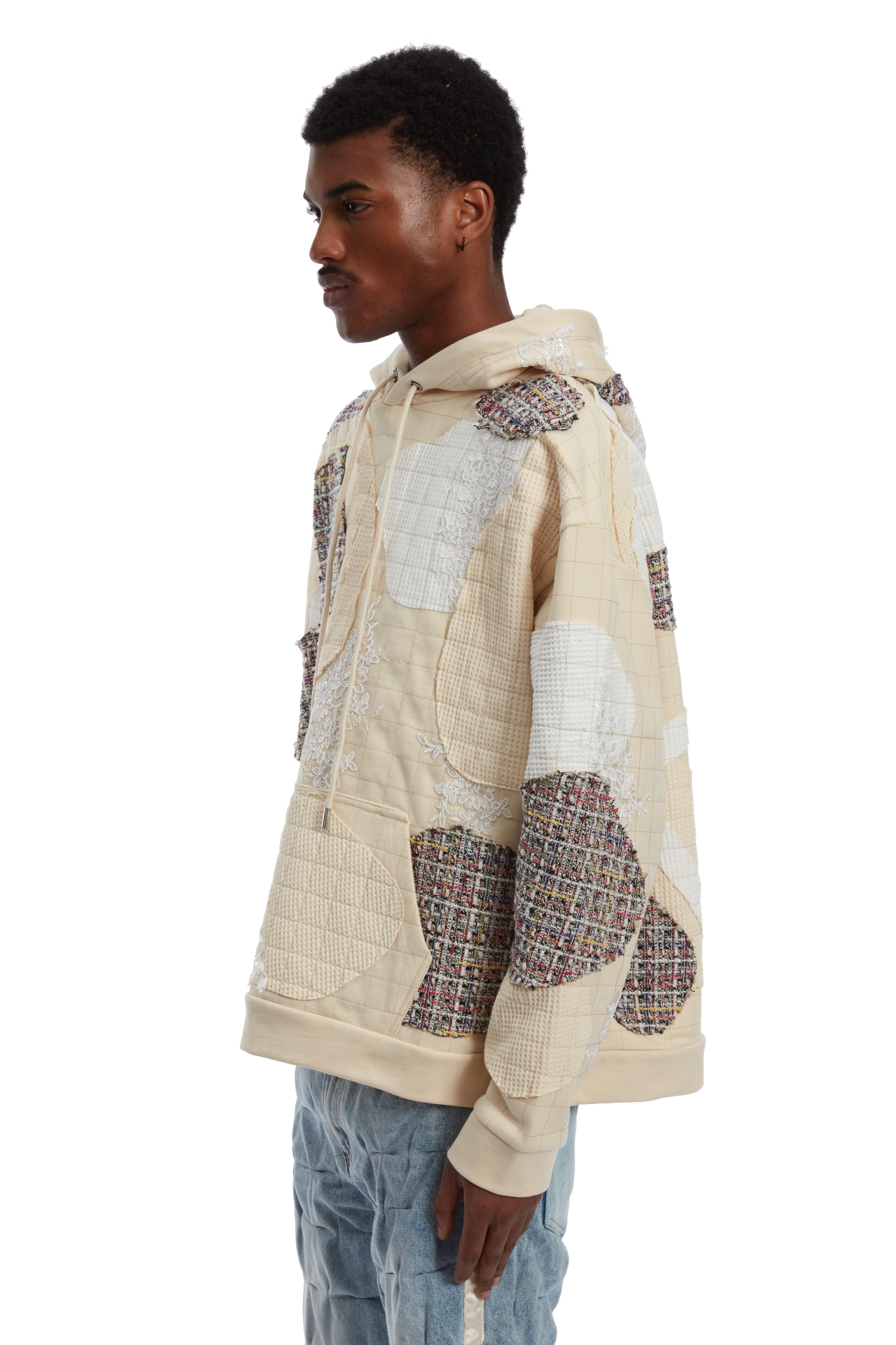 TWEED PATCHWORK HOODED SWEATSHIRT