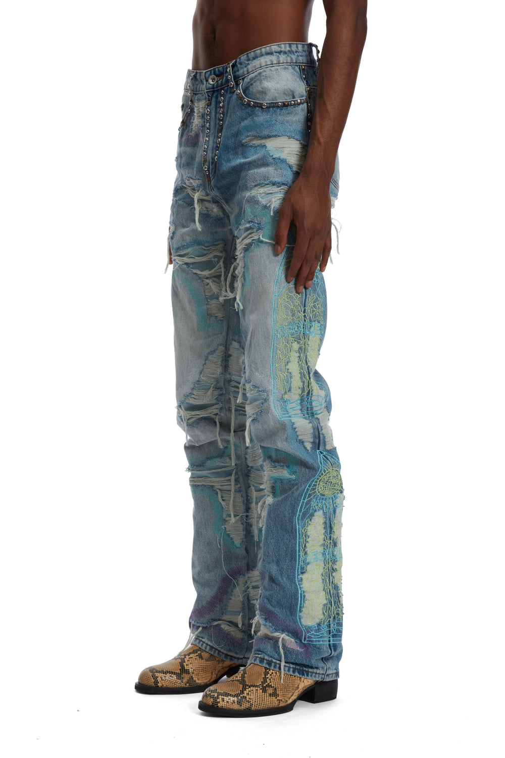 MULTICOLOR STUD DISTRESSED DENIM