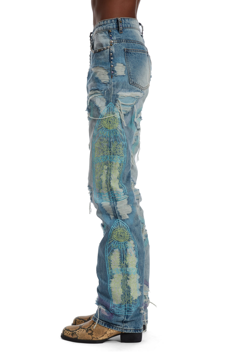 MULTICOLOR STUD DISTRESSED DENIM