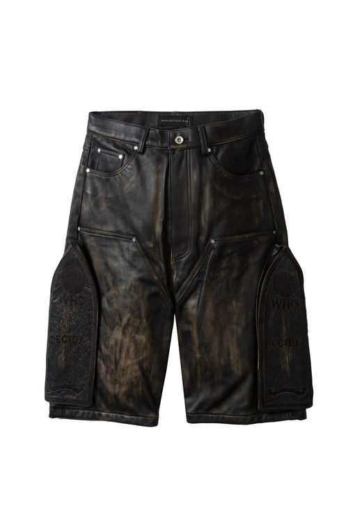 SIDE EMBROIDERY MID LENGTH LEATHER SHORT